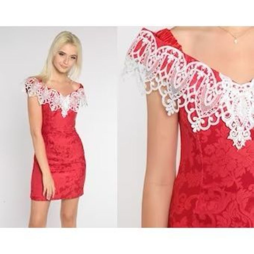 Jessica McClintock Red Mini Dress with White Lace Trim